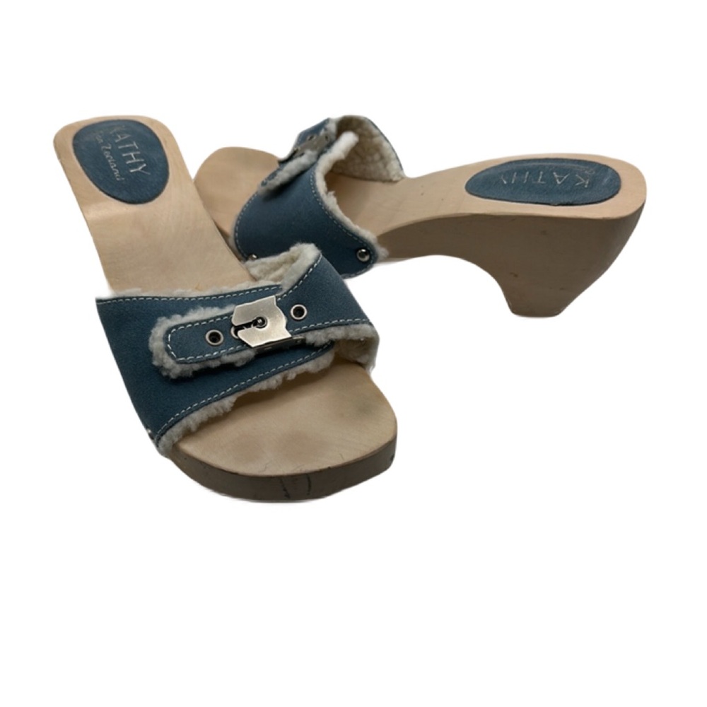 Kathy Van Zeeland Sz 9 Blue White Mules Decorative Buckle Wooden Clogs